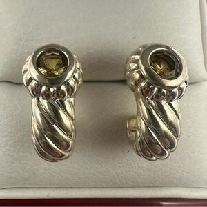 Sterling Silver 925 Sculpted Cable Earrings Champagne Citrine Shrimp Half Hoop